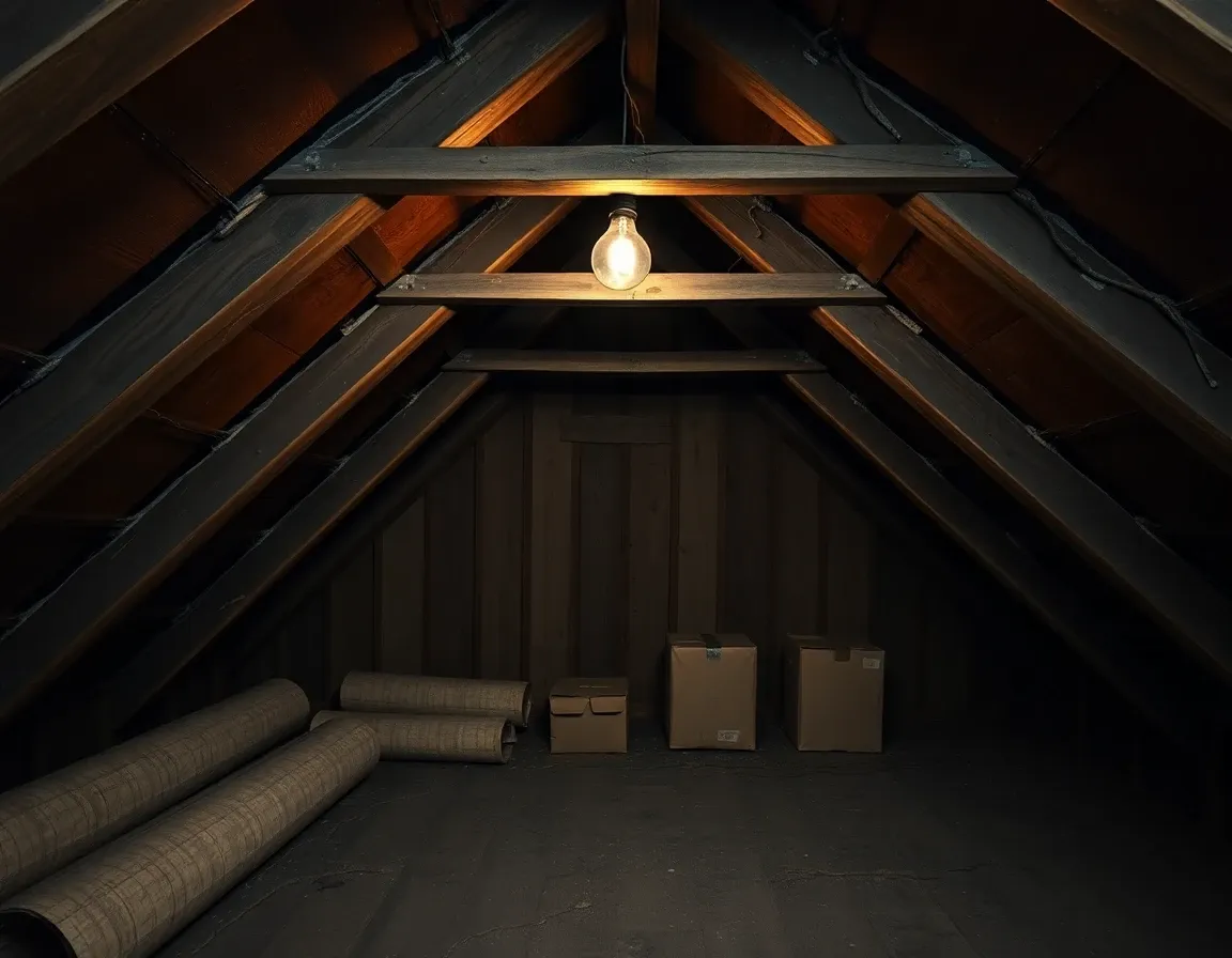 Dark unconverted attic with exposed rafters and old insulation